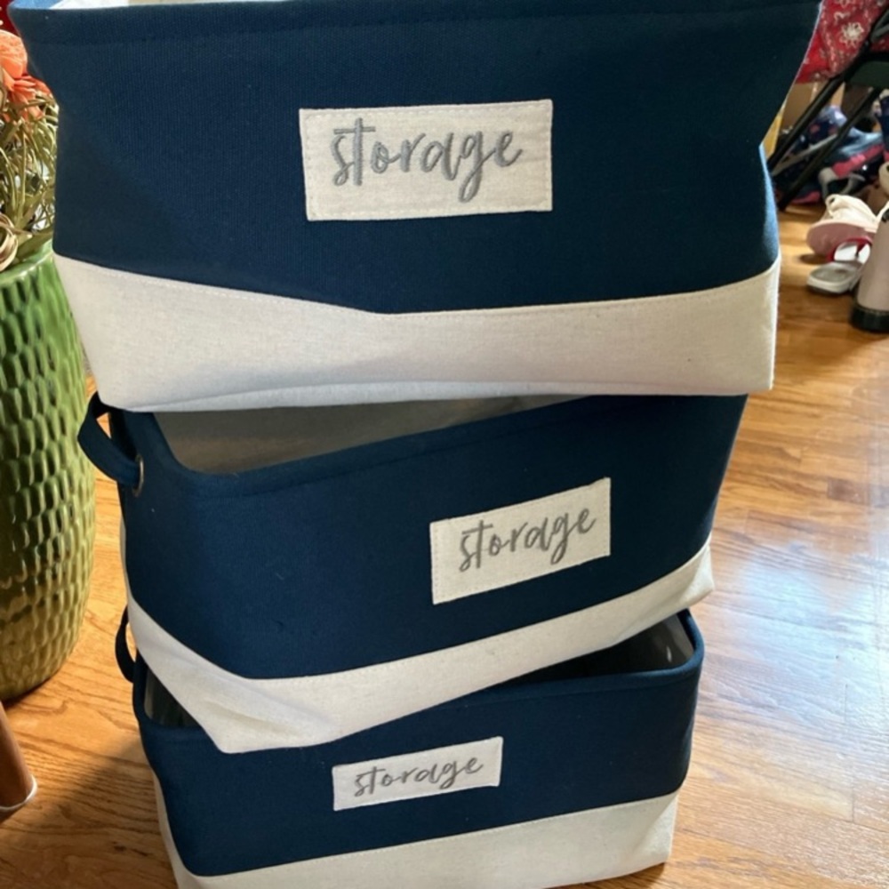 Set of three Kirkland Signature Blue and White Storage Bins